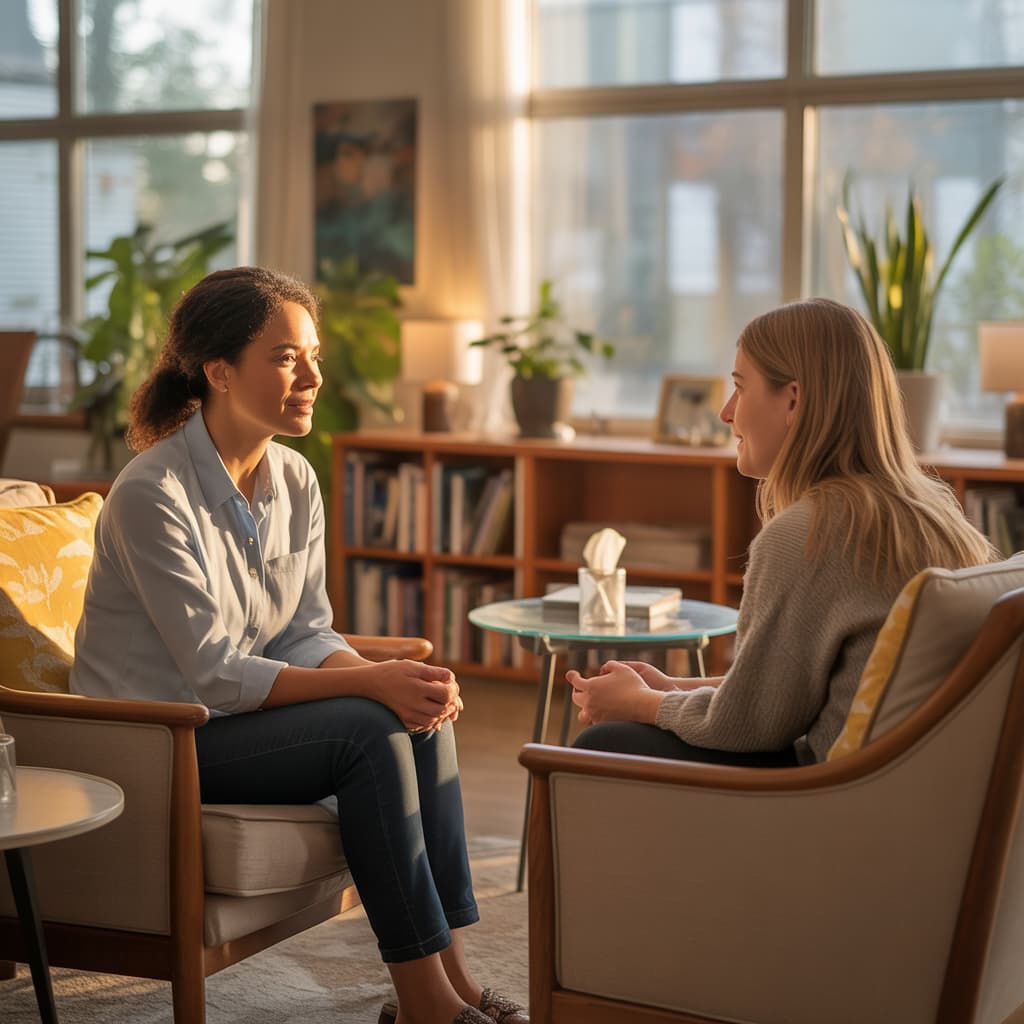 "Therapist and client in a calming session at Trinity Bridge, Fort Worth, TX, enhancing emotional well-being and mental clarity."